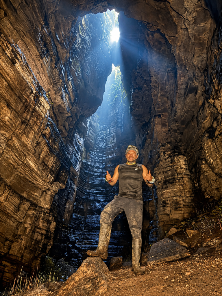 Visitante en el interior de la caverna bajo una abertura de luz natural