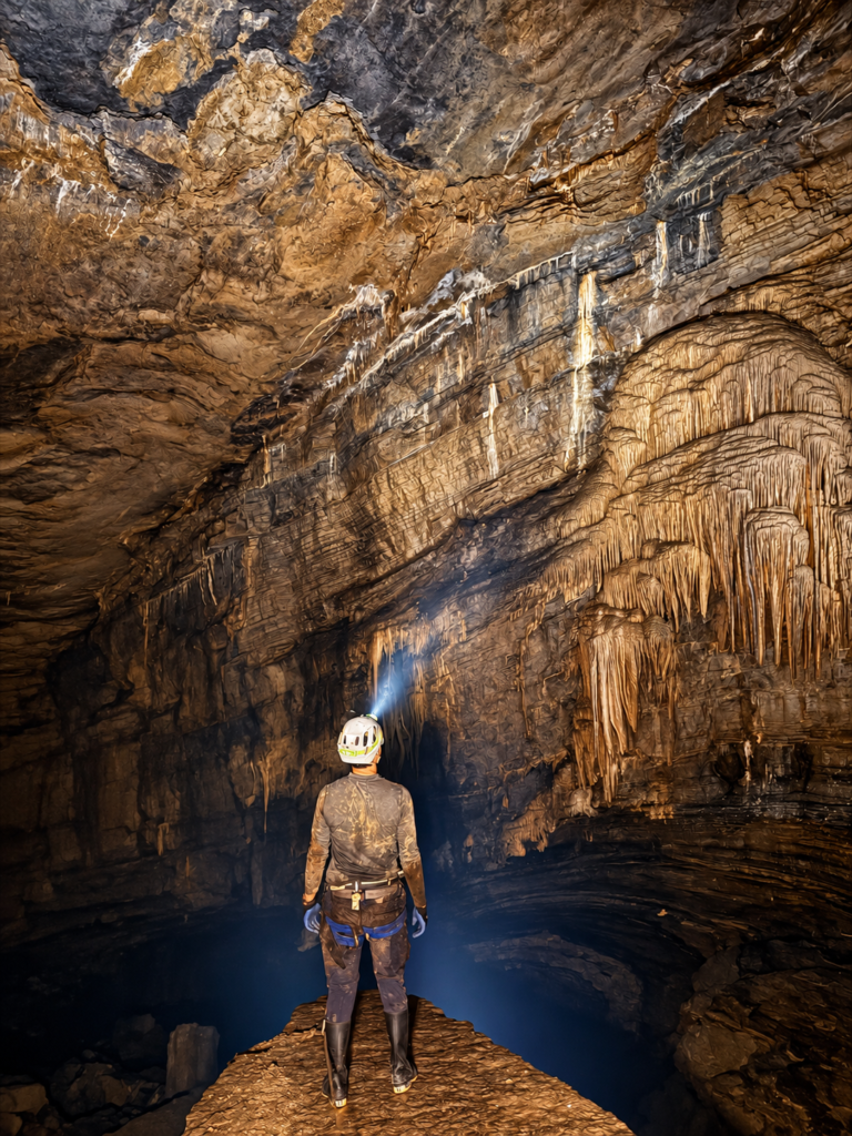 Exploradora observa una gran galería subterránea de la Cueva de los Tayos